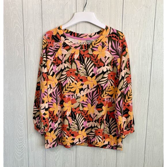 LOFT Tropical Sweatshirt Floral 3/4 Puff Sleeve Orange Medium - Picture 2 of 7